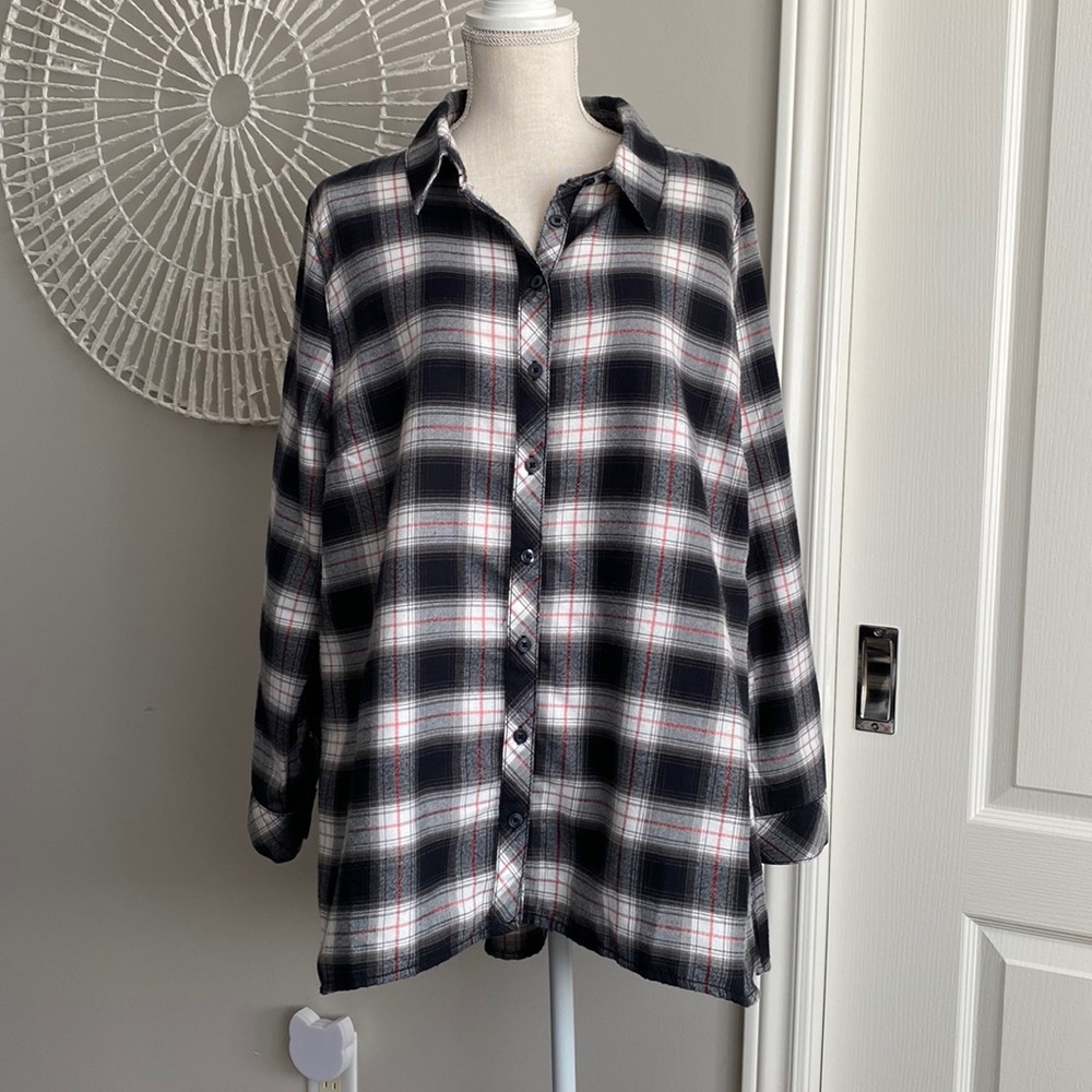 in every story... - Soft Flannel Plaid High-Low Tunic in Black and White and Red